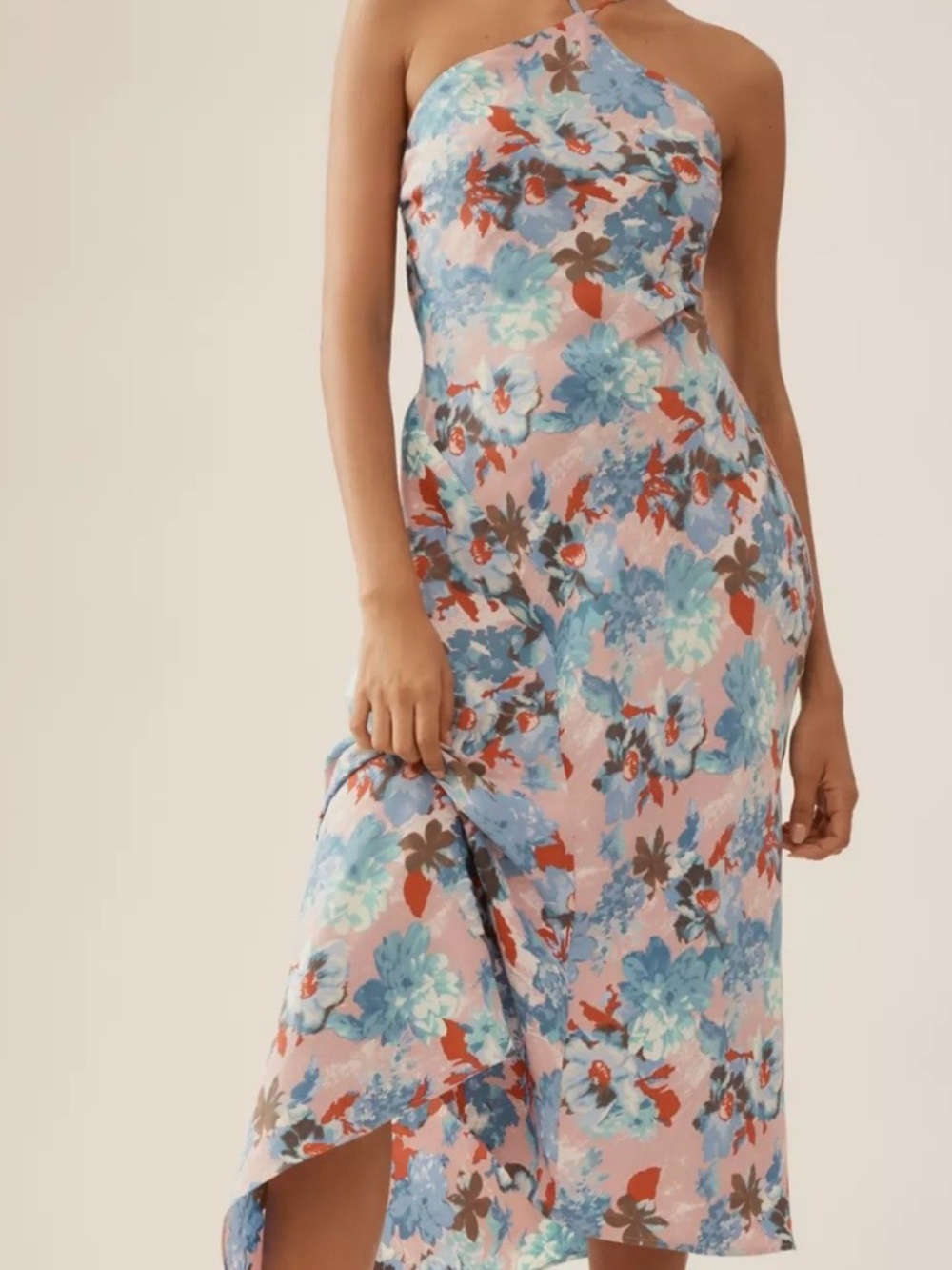 Anthropologie Pink Floral Halter Midi Dress with Blue Blooms